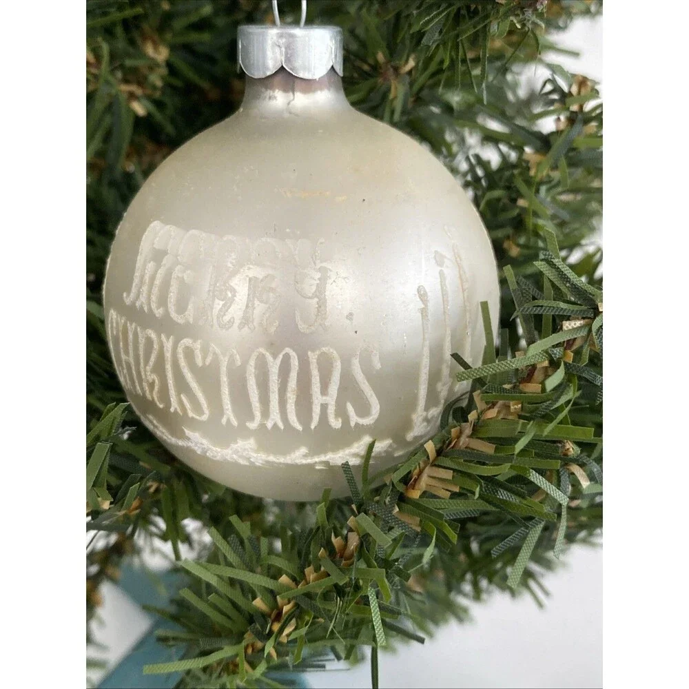 Vintage White Made USA MERRY CHRISTMAS Mica Stenciled Ball Ornament Holiday